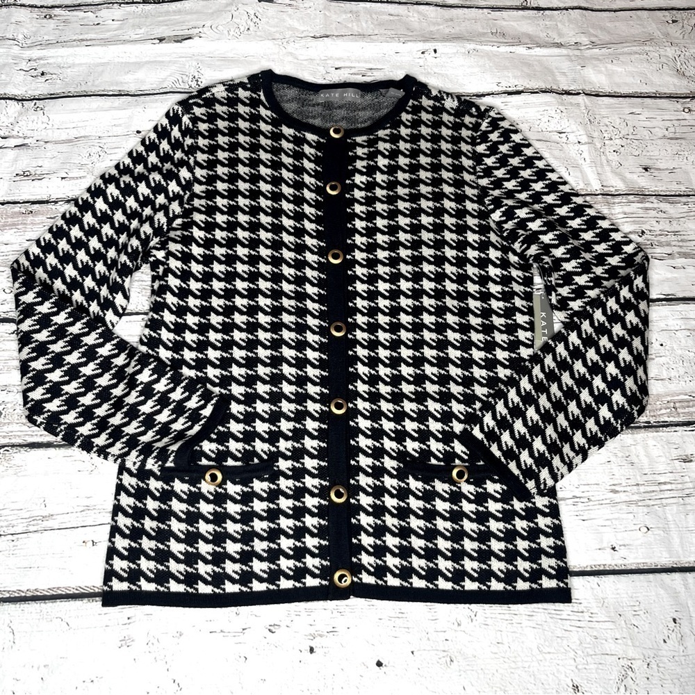 NWT Kate Hill Black/White Houndstooth Cardigan Size M